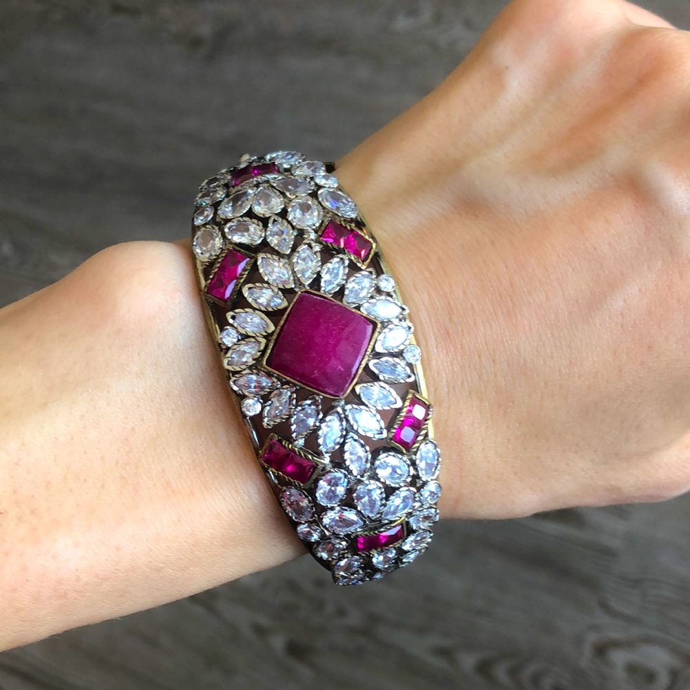 Antique Diamonds + Pink Stones Gold Bracelet